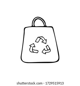 Doodle eco bag illustration with recycling icon in vector on white background. Hand drawn eco bag vector illustration with recycling icon