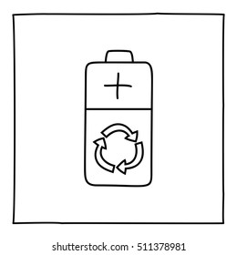 Doodle eco battery icon. Black and white symbol with frame. Line art style graphic design element. Web button. Isolated on white background. Battery, ecology sign, recycle concept.