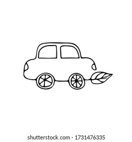 Doodle eco car illustration in vector on white background. Hand drawn eco car.