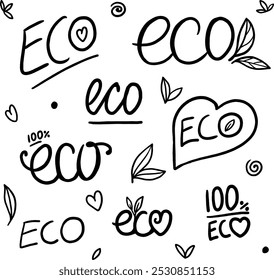 doodle eco lettering. eco-friendly badges. a set of sketches of eco labels