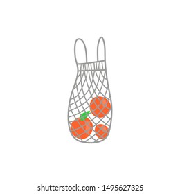 Doodle eco string bag with fruits isolated on white background.