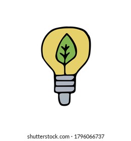 Doodle umweltfreundliche Energiesparlampe. Glühbirne. Handgezeichnete Skizzengrafik einzeln auf weißem Hintergrund. Ökologie-Konzept. Grünes Ökoenergiekonzept, Pflanzen, die in der Glühbirne wachsen.