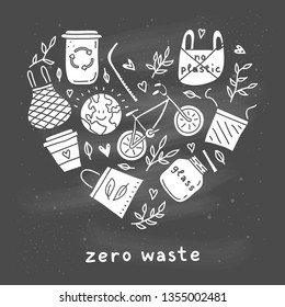 Doodle ecological icons composed in heart shape. Zero waste life concept.