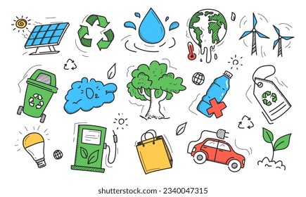 Doodle ecology icons set vector isolated. Cute and funny pictograms in hand-drawn style. Nature, recycle symbol and earth symbols. Save the planet.