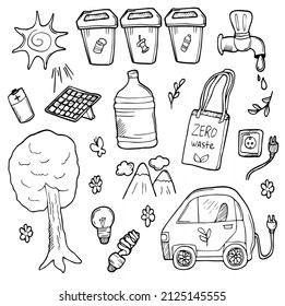 Ensemble d'écologie des gribouillis. Illustration vectorielle dessinée à la main, problème d'écologie et icônes d'énergie verte en style doodle, pour le graphisme et le web design. Concept du jour de la Terre