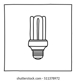 Doodle Economic Light Bulb icon. Black and white symbol with frame. Line art style graphic design element. Web button. Isolated on white background. Ecology, clean technology concept.