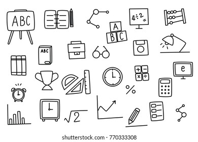 Doodle education set of school, hand drawn vector illustration set with school object and items concept.