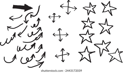 efecto garabato colección de flechas. efecto lápiz de textura de lápiz. conjunto de manchas de textura de flecha. énfasis, estrella, elemento de marca de flecha. Trazo dibujado a mano, vector