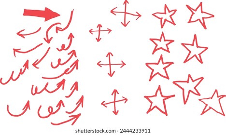 doodle effect arrow collection. crayon texture pencil effect. arrow texture stain set. emphasis, star, arrow mark element. Hand drawn stroke, Vector