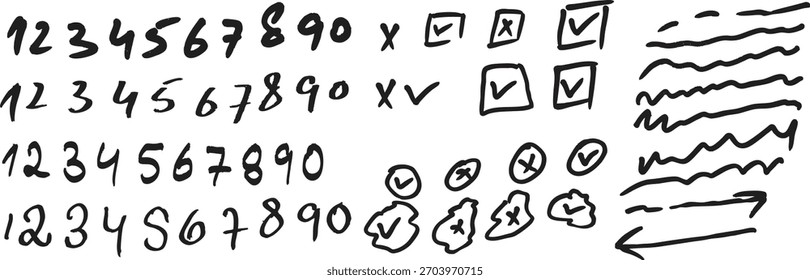 Efecto Doodle colección de manchas. Efecto lápiz de textura de crayón. Conjunto de manchas de textura de tiza. énfasis, estrella, elemento de marca de flecha. escotillas locas, óvalos y cruces. Cada elemento está unido y aislado