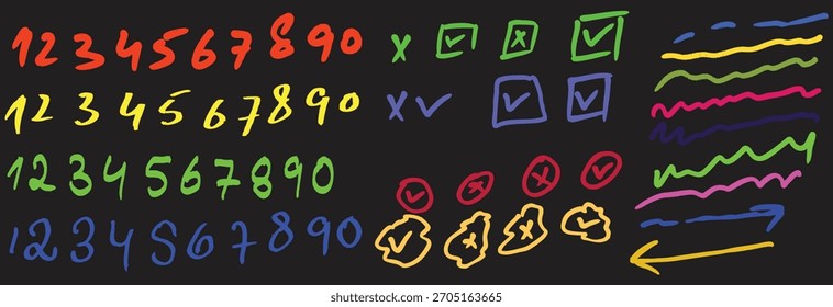 Efecto Doodle colección de manchas. Efecto lápiz de textura de crayón. Conjunto de manchas de textura de tiza. énfasis, estrella, elemento de marca de flecha. escotillas locas, óvalos y cruces. Cada elemento está unido y aislado