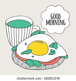 Doodle egg sandwich and cup of tea. Vector illustration for kitchen and cafe stuff
