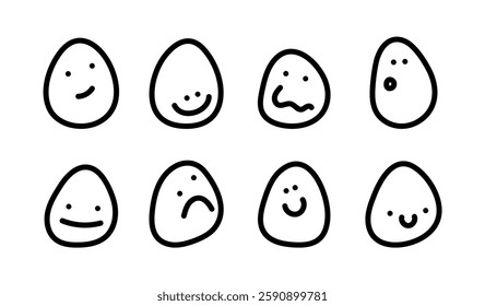 Doodle egg, set of Cute characters. Easter eggs characters vector set design. Hand Drawn Eggs with Different Emotions. Funny faces set. Linear Vector illustration Easter egg character collection