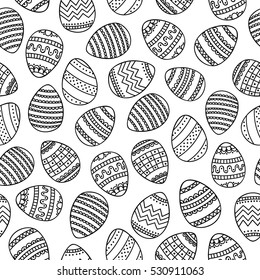 Doodle eggs. Coloring page. Vector seamless pattern with hand drawn eggs. Easter egg with doodle ornament. Coloring page for anti stress coloring book for adult. Black and white illustration. Outline.