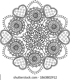 Doodle eggs mandala with hearts and flowers decoration. Black on transparent outline vector composition. easter holiday decoration