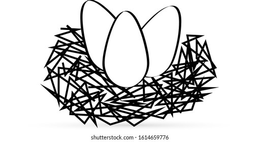 doodle eggs in nest icon isolated on white, easter line art, hand drawing food, sketch vector stock illustration