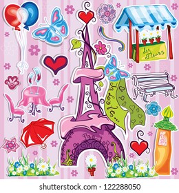doodle eiffel tower  with different french symbols