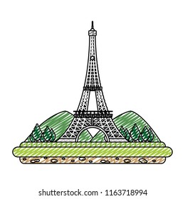 doodle eiffel tower with mountainsand trees landscape