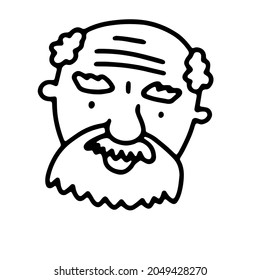 Doodle elderly Man face. Hand-drawn outline human isolated on white background. Funny grandpa. Cartoon gray grandfather. Male portrait. Bald, beard, wrinkles, positive emotions. Vector illustration