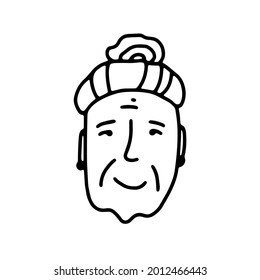 Doodle elderly woman face. Hand-drawn outline human isolated on white background. Funny minimalistic grandma. Cartoon grandmother. Female portrait. Hairstyle, positive emotions. Vector illustration