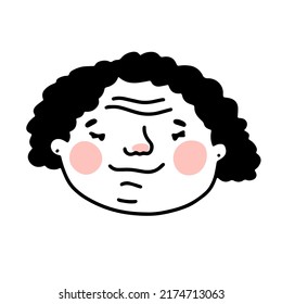 Doodle elderly woman face. Hand-drawn outline human isolated on white background. Funny curly grandma. Cartoon plump grandmother. Female kind portrait. Positive emotion avatar. Vector illustration
