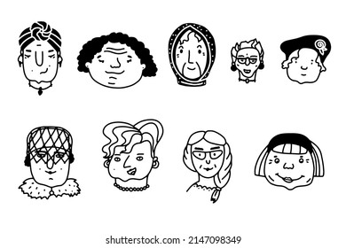 Doodle elderly woman faces set. Hand-drawn human isolated on white background. Funny grandma. Cartoon grandmother collection. Female portrait. Hairstyle, cheeks, positive emotions. Vector illustration