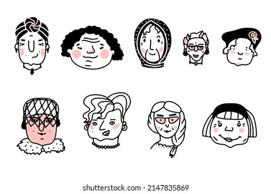 Doodle elderly woman faces set. Hand-drawn human isolated on white background. Funny grandma. Cartoon grandmother collection. Female portrait. Hairstyle, cheeks, positive emotions. Vector illustration