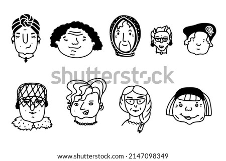 Doodle elderly woman faces set. Hand-drawn human isolated on white background. Funny grandma. Cartoon grandmother collection. Female portrait. Hairstyle, cheeks, positive emotions. Vector illustration