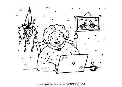 Doodle elderly woman with laptop. Hand-drawn outline human in a cozy interior. Happy grandma communication. Cartoon grandmother. Female portrait. Hairstyle, positive emotions. Vector illustration