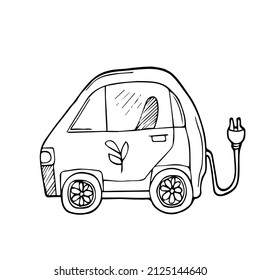 Doodle electric eco car. Green friendly electric car on white background. Earth day and ecology concept