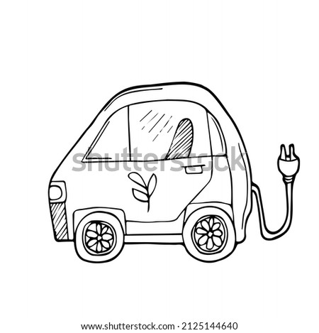 Doodle electric eco car. Green friendly electric car on white background. Earth day and ecology concept