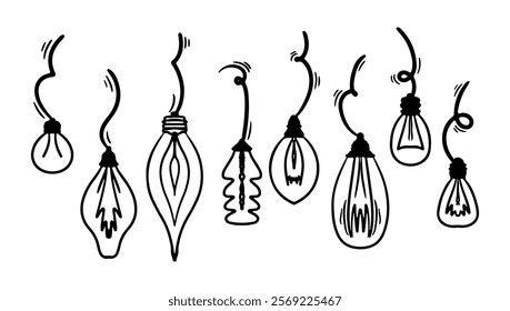 Doodle electric light bulb or lamp bulb. Hand draw idea symbol collection. Hand drawn lamp set. Vector idea art. Vector illustration.