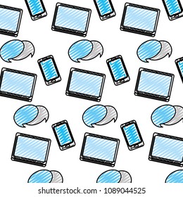 doodle electronic smartphone and laptop with chat bubble background