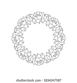 Icono de borde de la elegancia del perro aislado en blanco. Esquema de flor y marco de hoja para el diseño de la boda, tarjeta. Línea de arte floral de barrido a mano. Esbozar ilustración de material vectorial. EPS 10