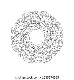 Doodle elegance border icon isolated on white. Outline flower and leaf frame for wedding design, card. Floral hand dwawing art line. Sketch vector stock illustration. EPS 10