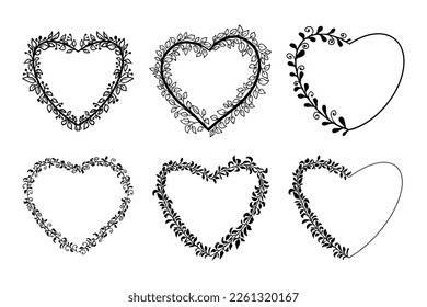 Doodle elegant heart frame, border monogram in doodle style isolated on white background.