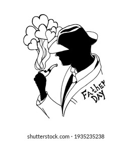 Doodle an elegant man in a hat,suit and raincoat smokes a pipe on a white background.Vector composition can be used in festive designs for Father's day.postcards, banners.