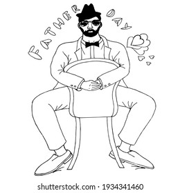 Doodle an elegant man in a suit ,black hat and sunglasses sits on a chair on a white background.Vector composition can be used for festive designs for Fathers ' Day, in postcards,banners,and textiles.