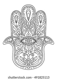 Doodle elegant ornate hand drawn Hamsa, hand of Fatima. Good luck Ethnic amulet in Indian, Arabic, Jewish cultures. Vintage style isolated vector illustration. Tattoo, boho, yoga, spirituality symbol.