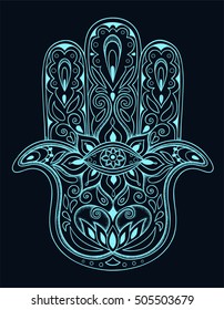 Doodle elegant ornate hand drawn Hamsa, hand of Fatima. Good luck Ethnic amulet in Indian, Arabic, Jewish cultures. Vintage style isolated vector illustration. Tattoo, boho, yoga, spirituality symbol.