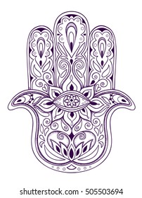 Doodle elegant ornate hand drawn Hamsa, hand of Fatima. Good luck Ethnic amulet in Indian, Arabic, Jewish cultures. Vintage style isolated vector illustration. Tattoo, boho, yoga, spirituality symbol.