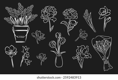 Doodle elegant spring flowers set. Vector handdrawn design of peony, muscari flowers, magnolia, vase with tulips.