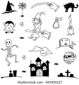 Doodle in element halloween cute and flat illustration