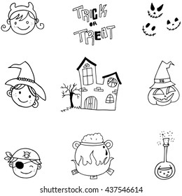 Doodle of element halloween face and castle hand draw
