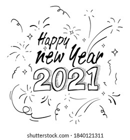 doodle element of Hand drawn lettering "Happy new year 2021". doodle vector illustration