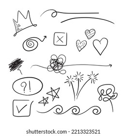 Doodle element vector set, for concept design. underline, checkmark, love, stars, Starburst, tangled, crown, etc.