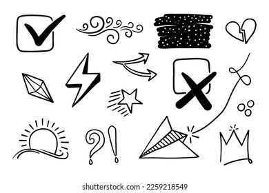 Ensemble d'images vectorielles d'éléments Doodle, pour la conception de concept.
