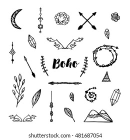 Doodle elements in bohemian style. For making custom card, page decoration. Black illustration on white.