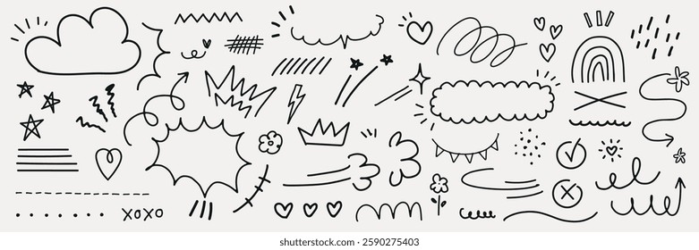 Doodle elements: clouds, stars, hearts, and rainbows. Fun doodles, whimsical doodles, and playful doodles. Hand-drawn, artistic doodles, sketchy. Black hand drawn elements, vector set.