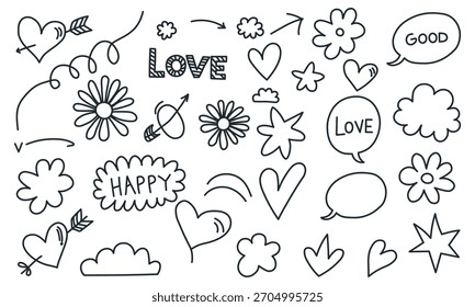Coleção de elementos Doodle: corações, flores, nuvens, estrelas, setas, balões de fala Vetor